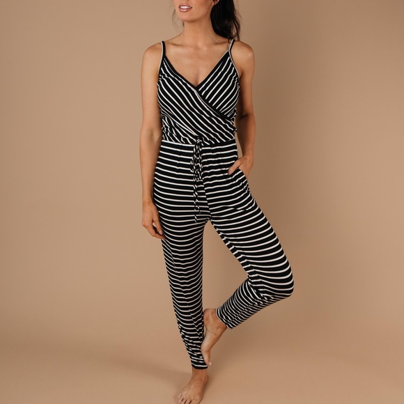 Black & White Striped Surplice Jumpsuit - Picture 6 of 9